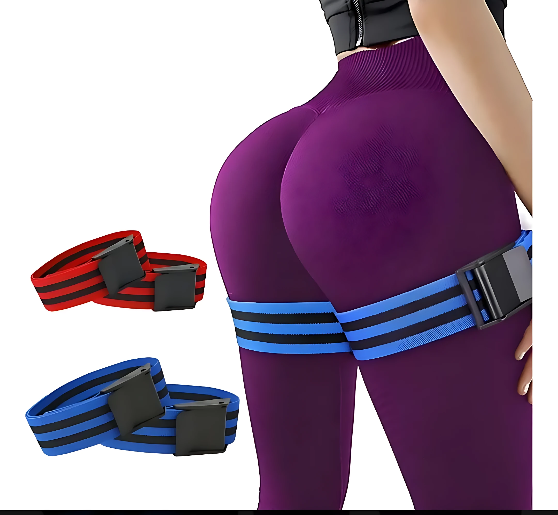 Bandas de oclusión BFR rojas y azules con hebillas negras, para entrenamiento de hipertrofia muscular segura.