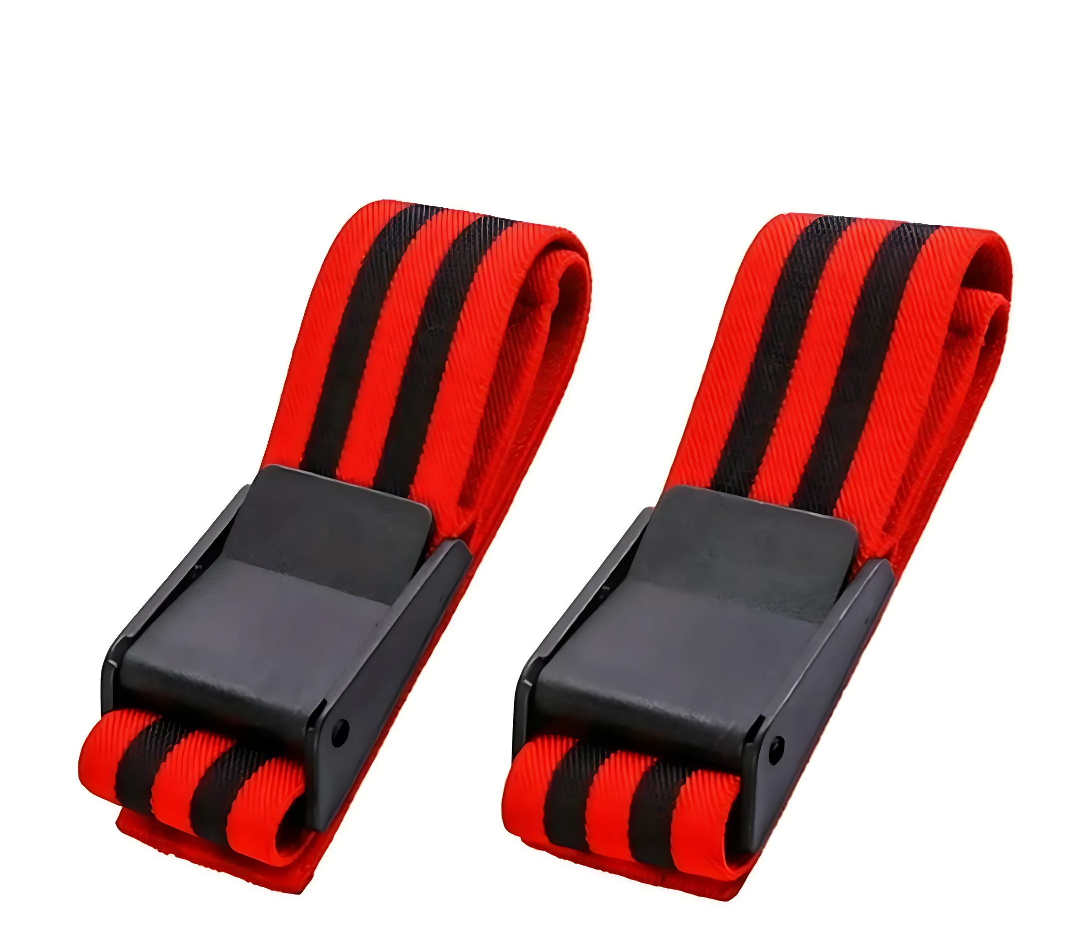 Dos bandas de oclusión BFR rojas y negras con hebilla negra, para entrenamiento de hipertrofia muscular.