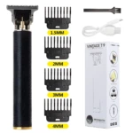 Barbería inalámbrica negra T9 con cabezal T-Blade, incluye 4 peines guía de 1.5 a 4mm, cable de carga USB, cepillo de limpieza y caja de presentación.