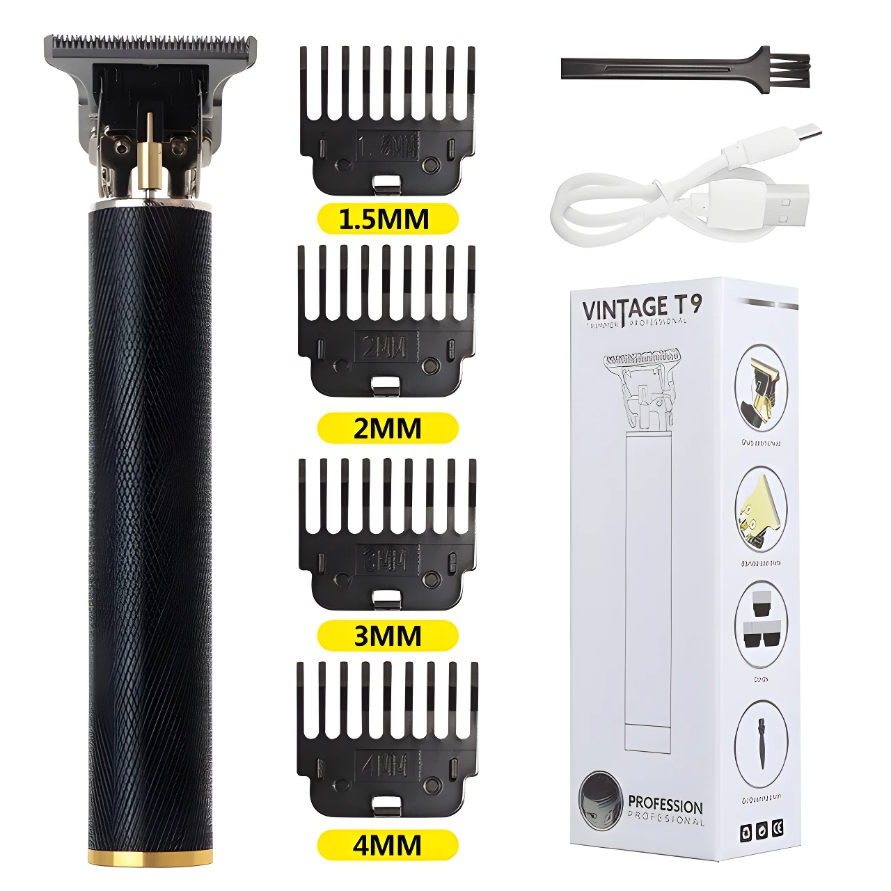 Barbería inalámbrica negra T9 con cabezal T-Blade, incluye 4 peines guía de 1.5 a 4mm, cable de carga USB, cepillo de limpieza y caja de presentación.