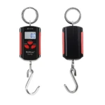 Báscula digital colgante roja y negra con pantalla de 0.0kg y gancho para pesar hasta 200Kg.