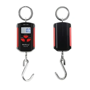 Báscula digital colgante roja y negra con pantalla de 0.0kg y gancho para pesar hasta 200Kg.