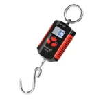 Báscula digital colgante negra y roja 200kg con gancho y pantalla LCD.