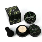 Set CC Cushion CHAFFUL negro con diseño de ondas verdes y aplicador, para unificar tono y mejorar piel.