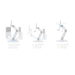 Soporte base para celular o tablet, flexible y plateado, con movimiento 360° y 180°.