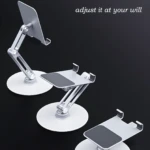 Soporte flexible plateado para celular y tablet con base giratoria 360°, diseño plegable 180°.
