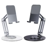 Soporte base 360 para celular/tablet, flexible en aluminio plateado y negro, con base redonda antideslizante.