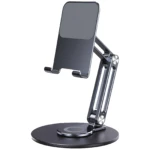 Soporte flexible 360° para celular y tablet, metálico, color gris oscuro, con base redonda.