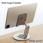 Soporte plateado plegable para tablet iPad, base redonda blanca, ajustable 360°, ideal para manos libres.