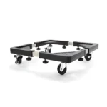 Base ajustable negra con ruedas para lavadora o nevera, ideal para mover electrodomésticos pesados.