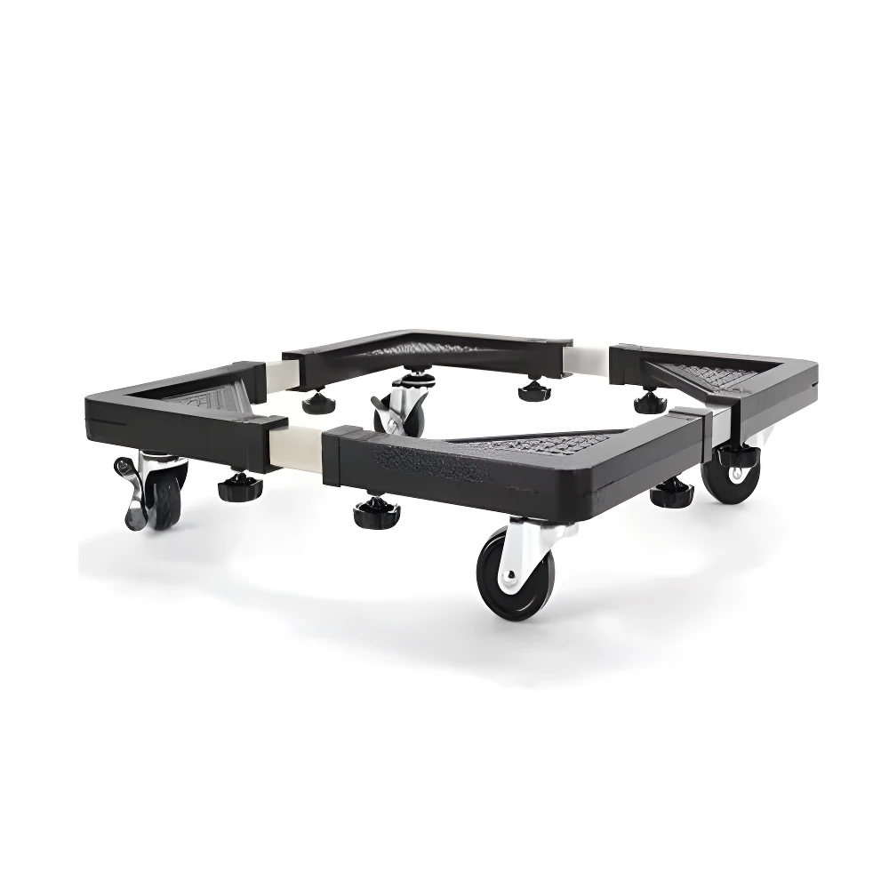 Base ajustable negra con ruedas para lavadora o nevera, ideal para mover electrodomésticos pesados.