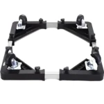 Base ajustable negra para lavadora/nevera con ruedas giratorias y sistema de bloqueo para proteger pisos.
