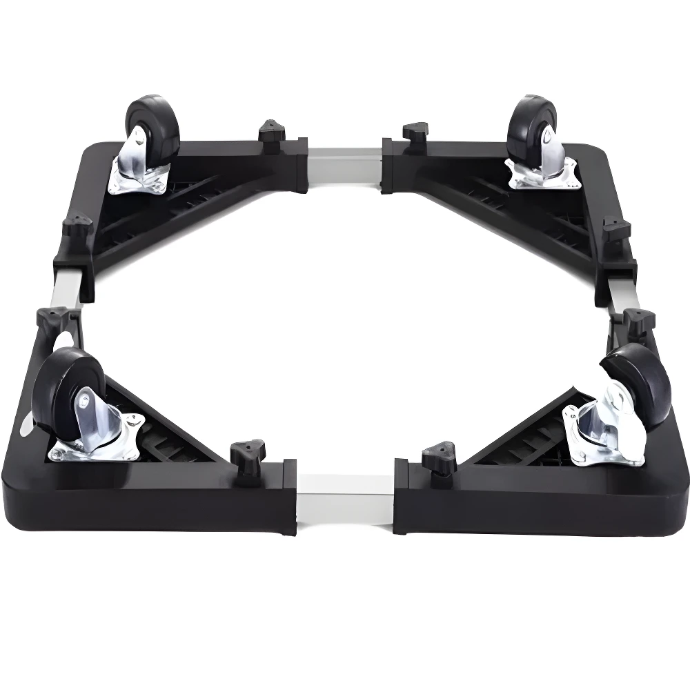 Base ajustable negra para lavadora/nevera con ruedas giratorias y sistema de bloqueo para proteger pisos.