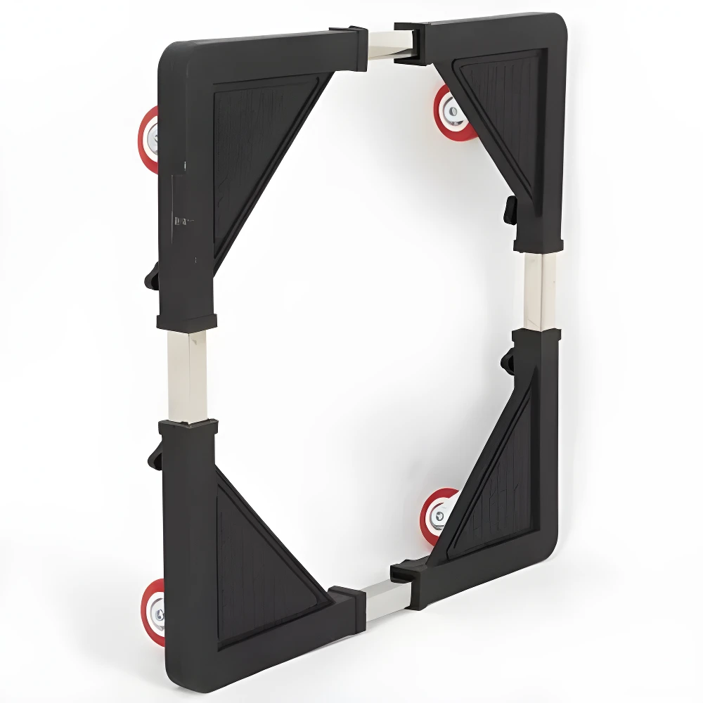 Base ajustable para lavadora y nevera con ruedas rojas, soporta electrodomésticos pesados y protege pisos.