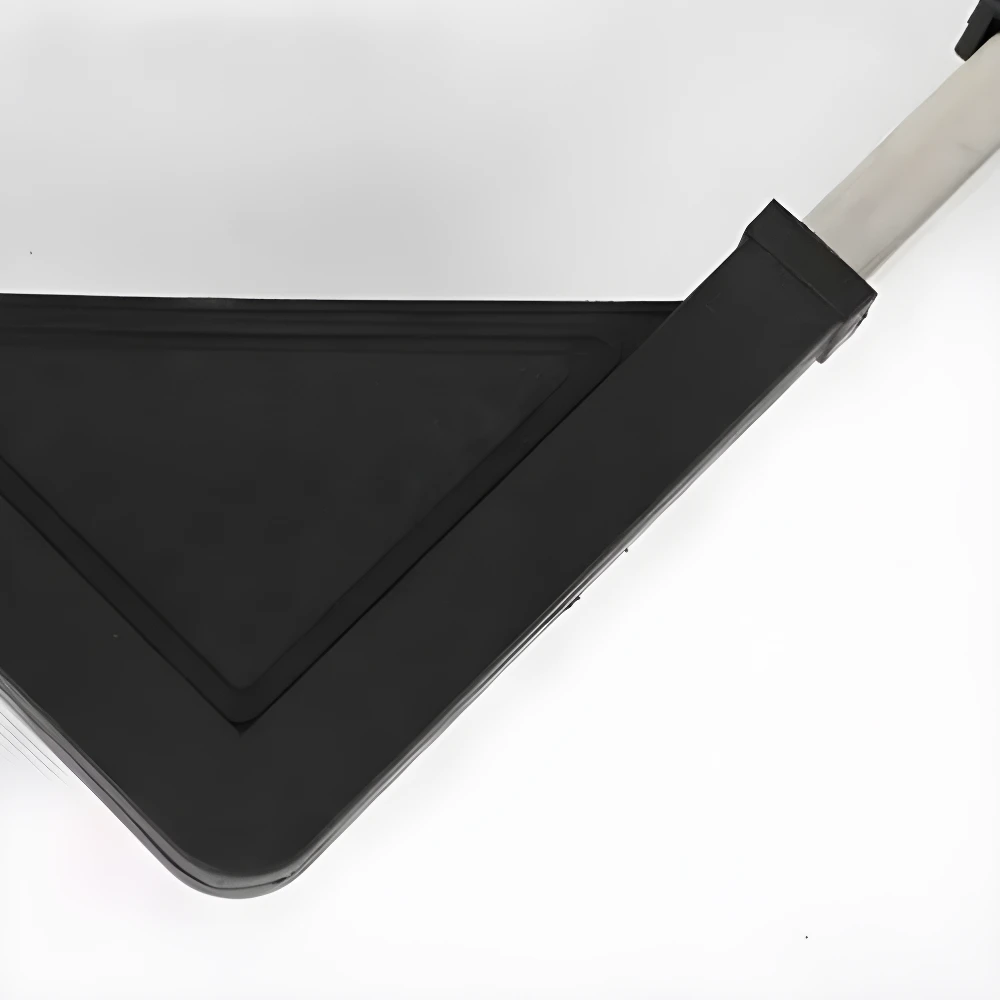 Base ajustable negra para lavadora o nevera, con detalles en aluminio plateado.