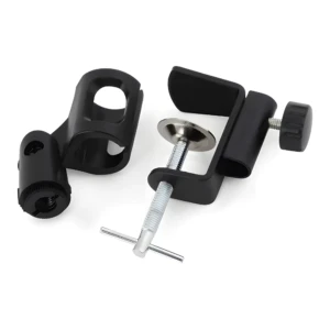 Base trípode negra para micrófono de mesa con abrazadera ajustable y tornillo.