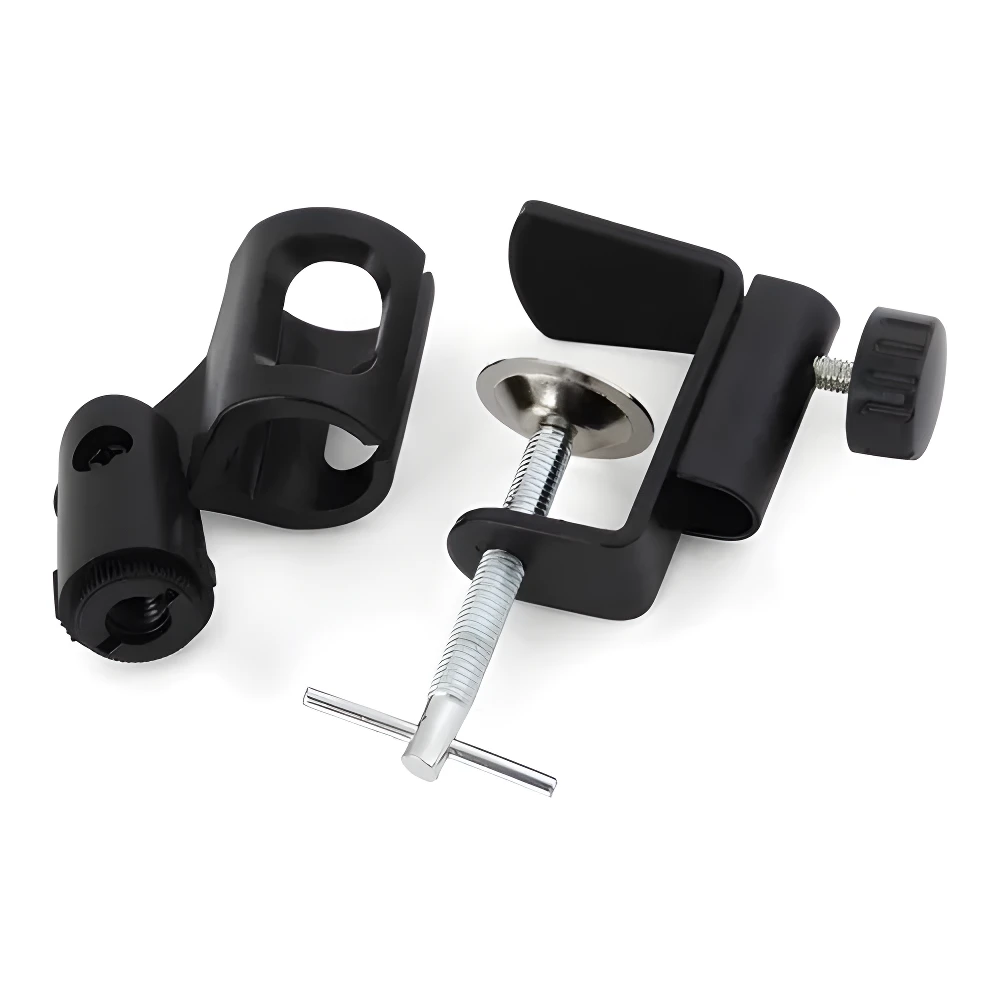 Base trípode negra para micrófono de mesa con abrazadera ajustable y tornillo.