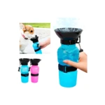 Bebedero portátil azul y rosa para mascotas, ideal para hidratar perros durante paseos.