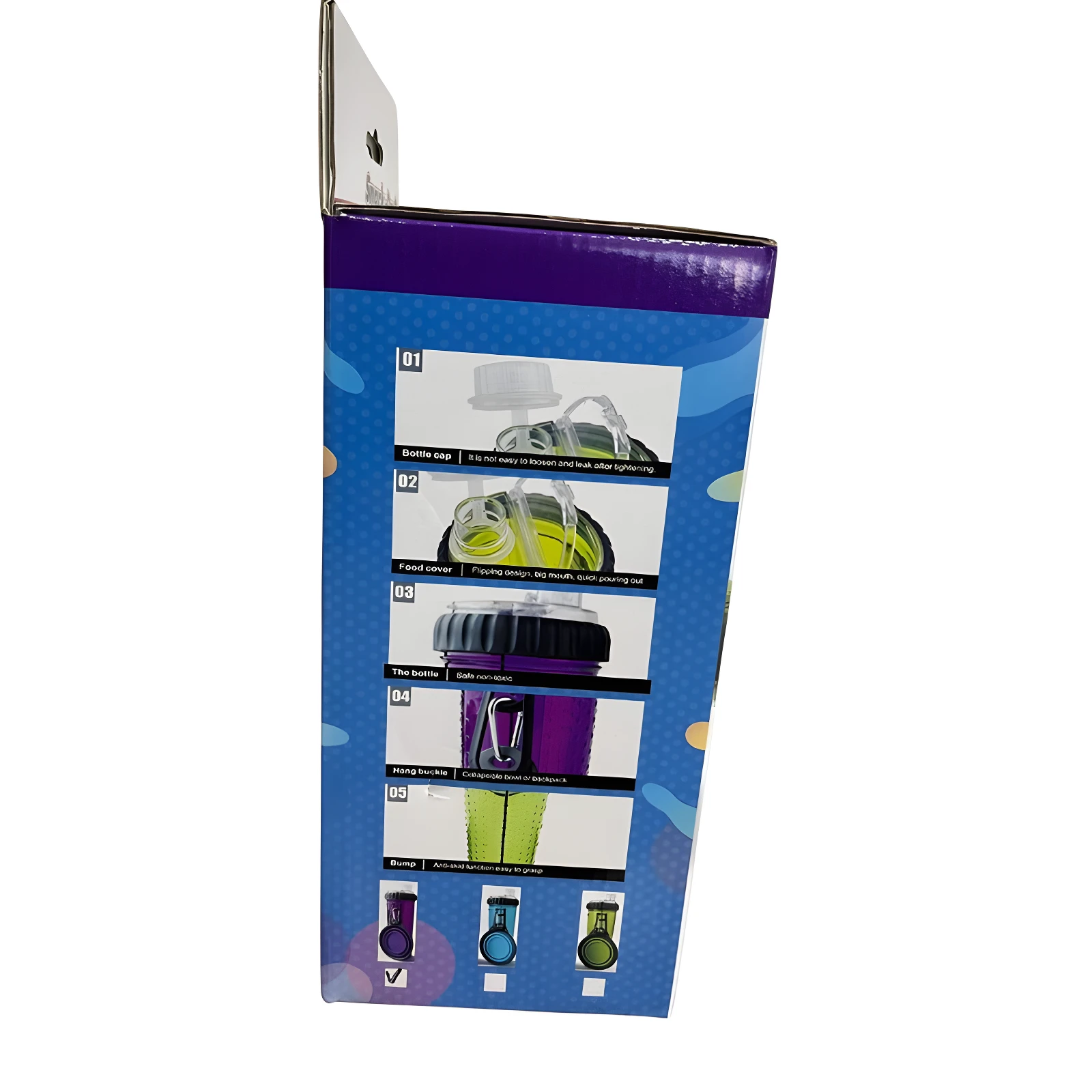 Bebedero portátil para mascotas, morado y verde, con gancho y tapa a prueba de fugas.