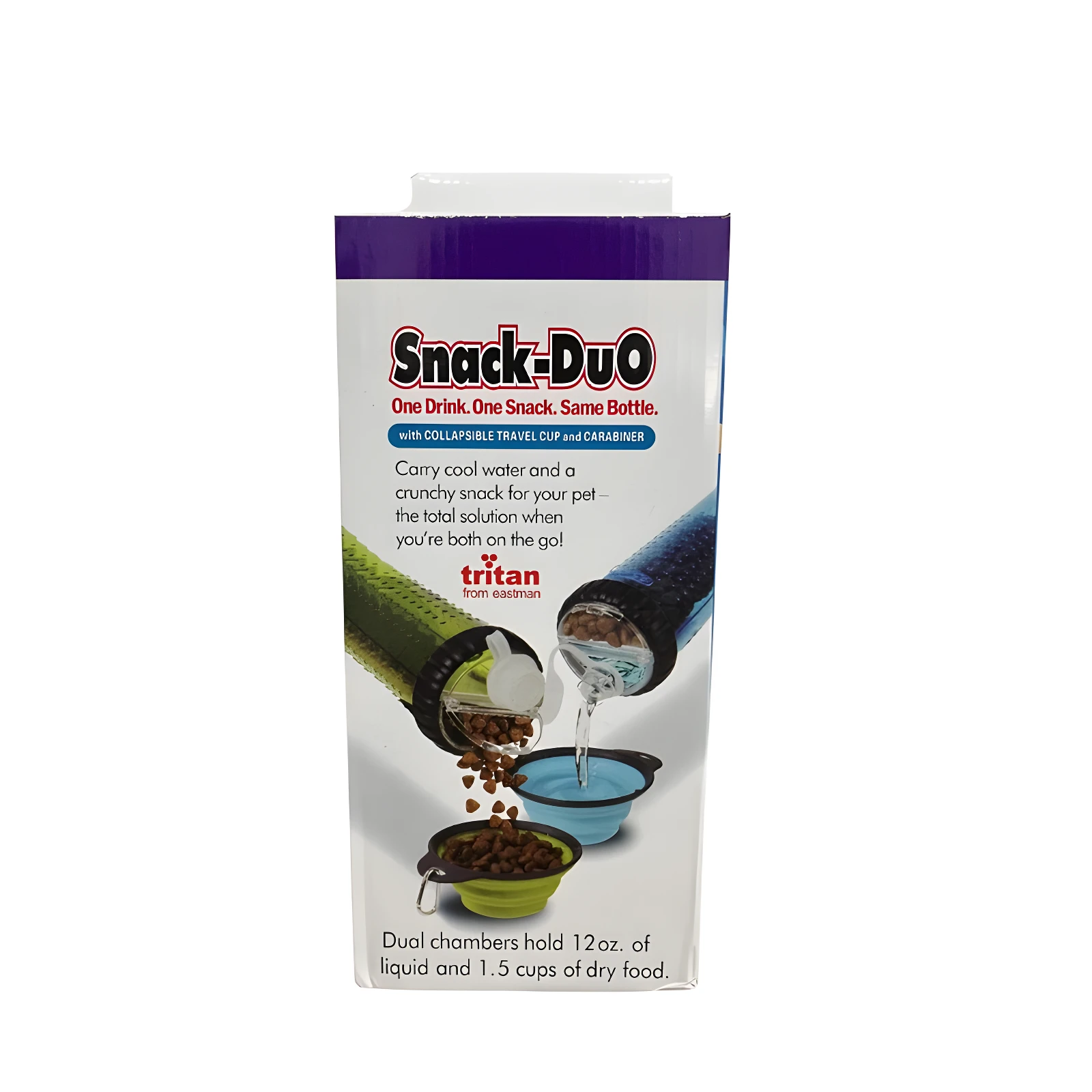Bebedero portátil para mascotas con dos compartimentos: uno para líquido (12oz) y otro para alimento (1.5 tazas). Incluye dos recipientes plegables.