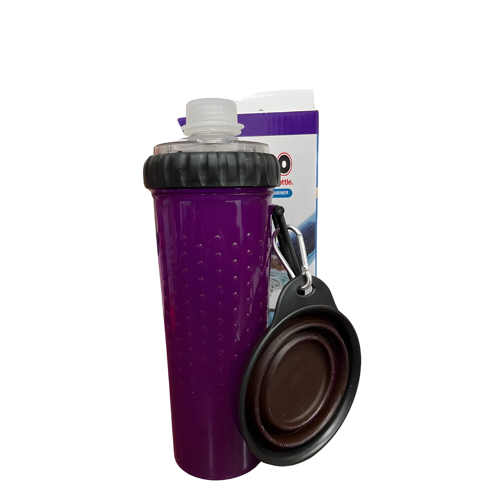 Botella morada para mascota con bowl plegable acoplado y caja del producto.