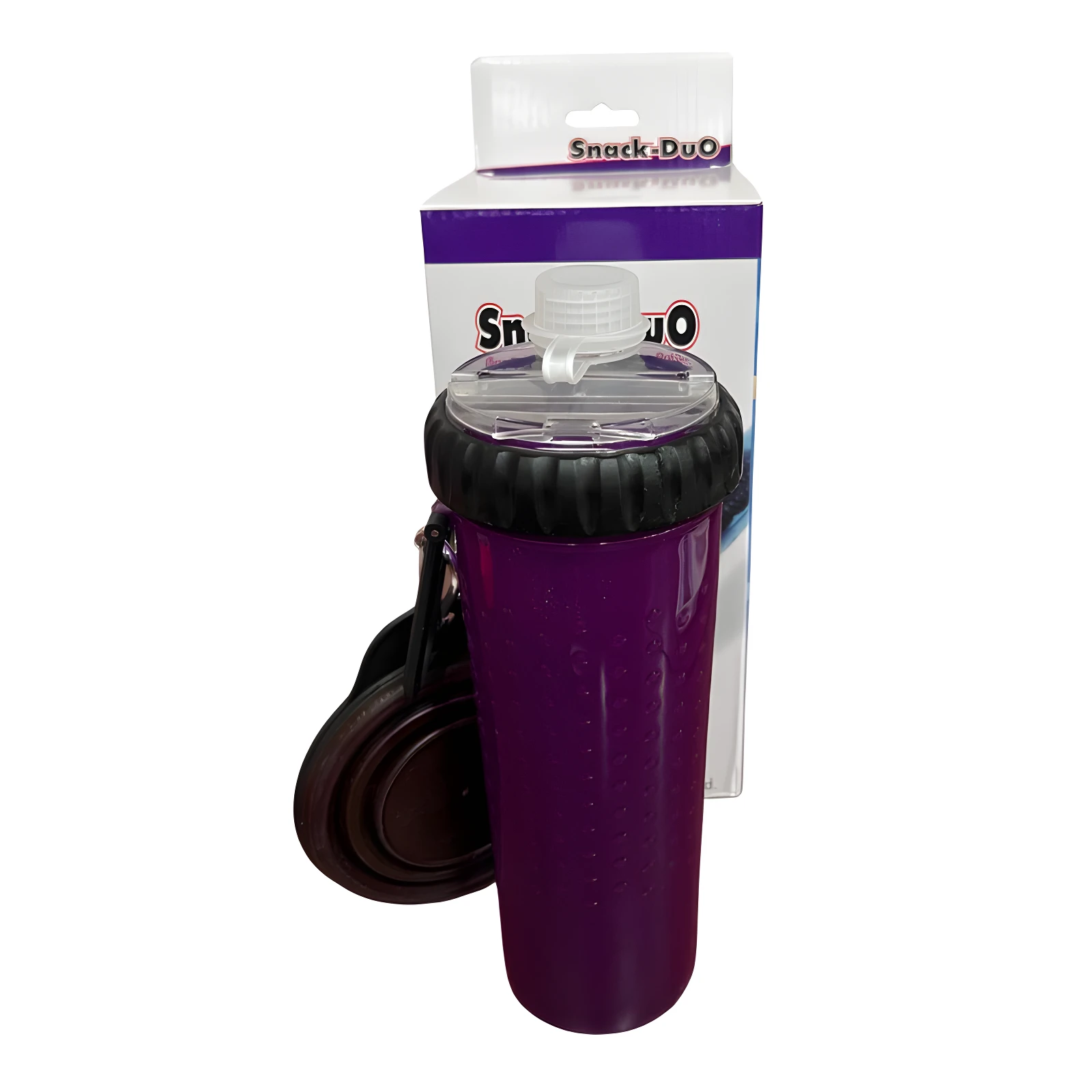Set x2 bebedero mascota portátil, morado, con recipiente plegable y compartimento para comida.