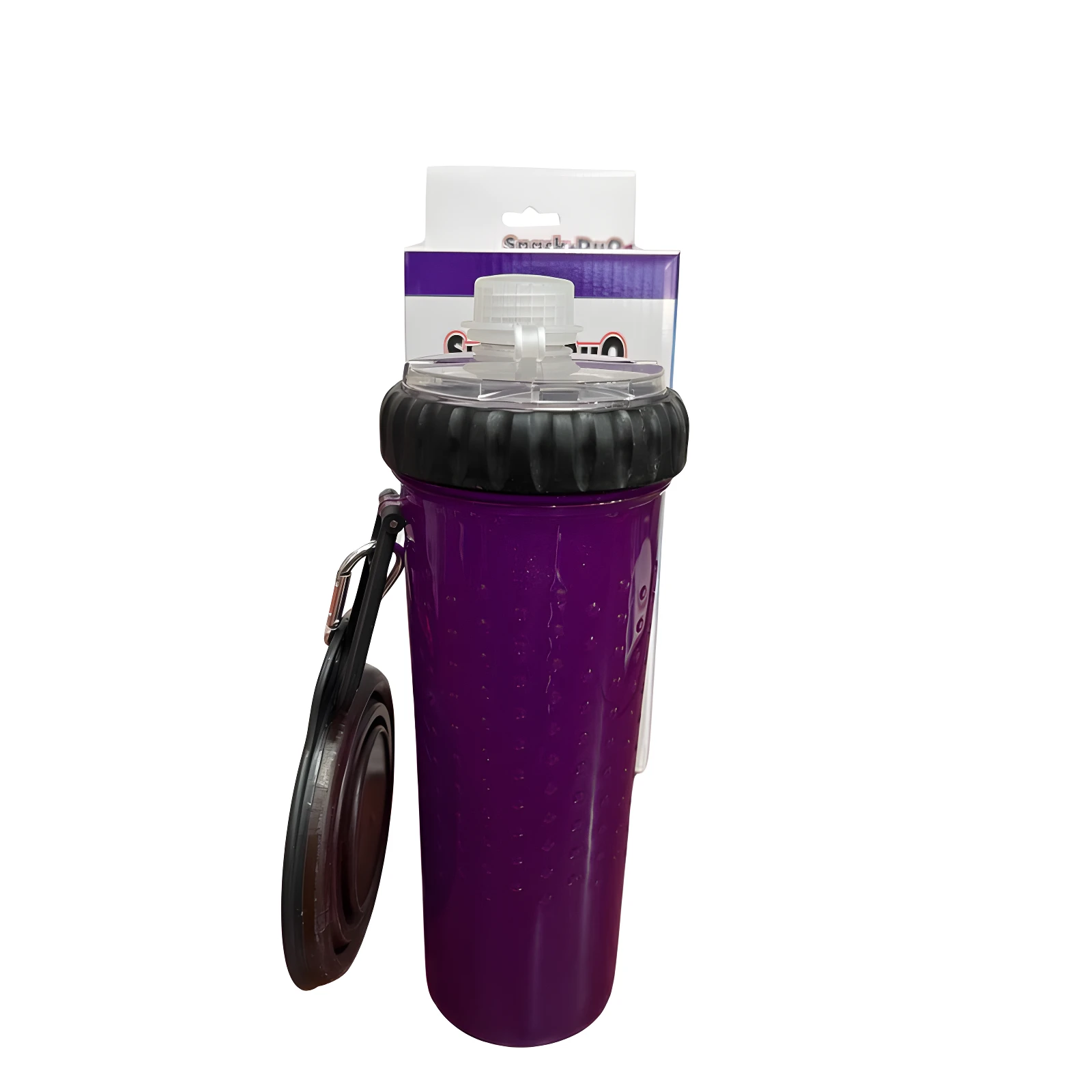 Bebedero portátil morado con dispensador para agua y plato plegable, ideal para mascotas.