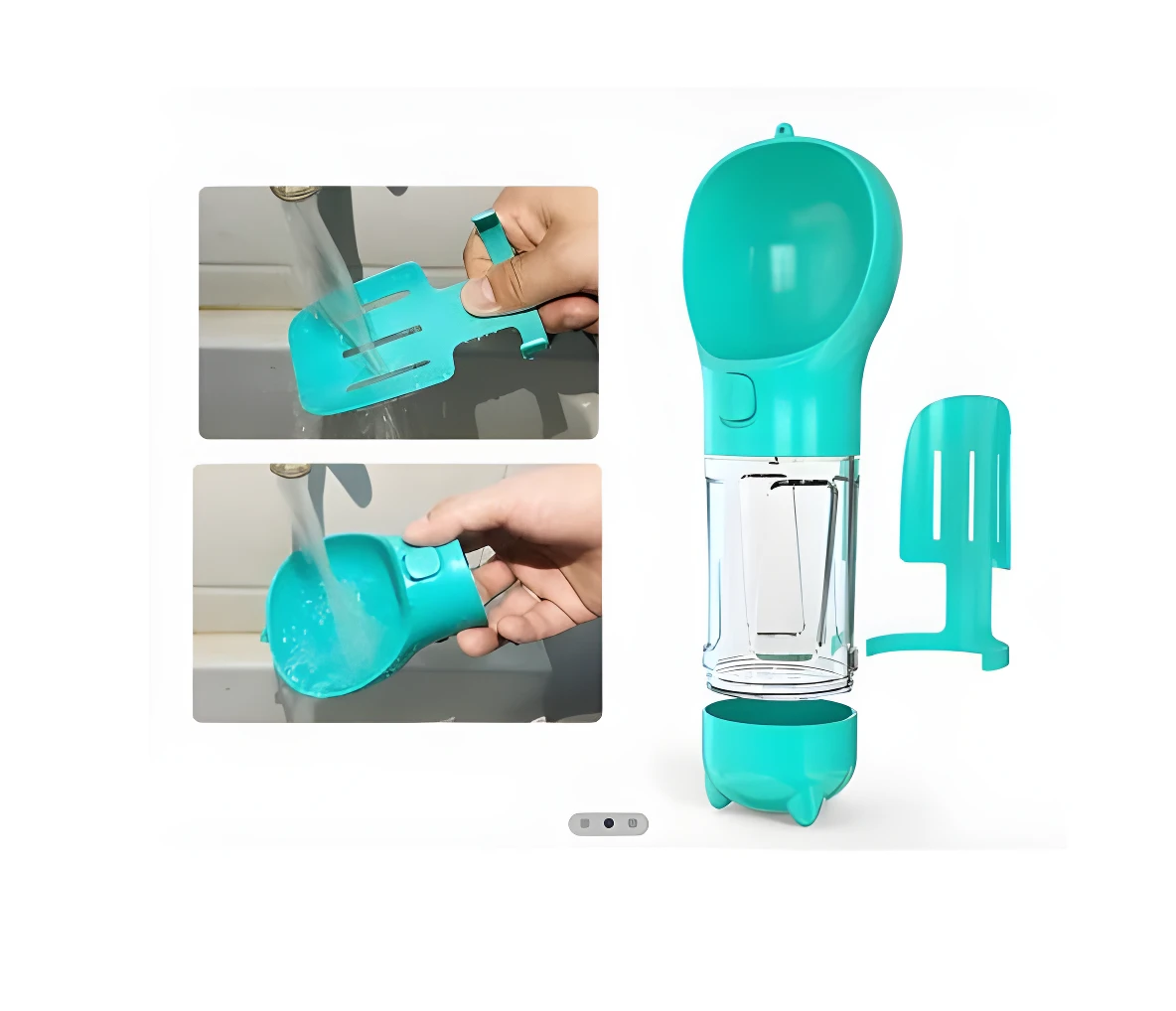 Bebedero portátil para mascotas turquesa 4 en 1, desarmable, ideal para viajes.