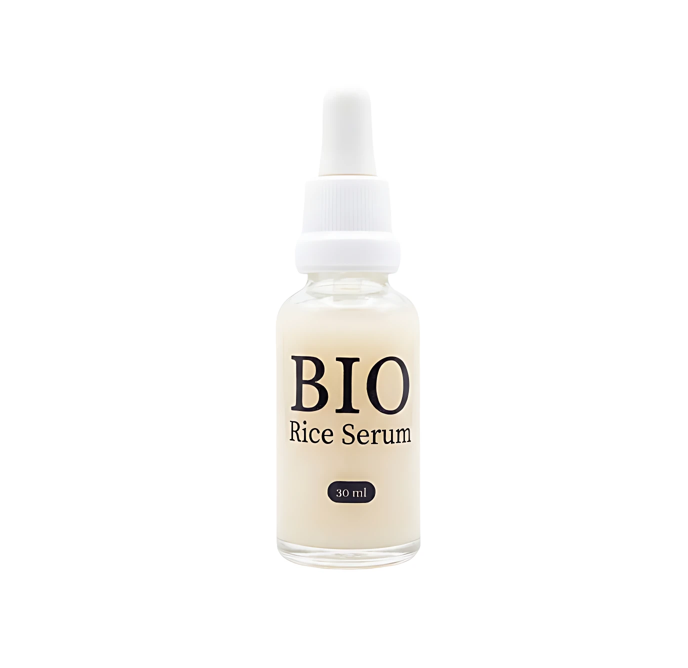 Frasco gotero de 30ml con BIO Rice Serum de color blanco lechoso, ideal para cuidado facial.