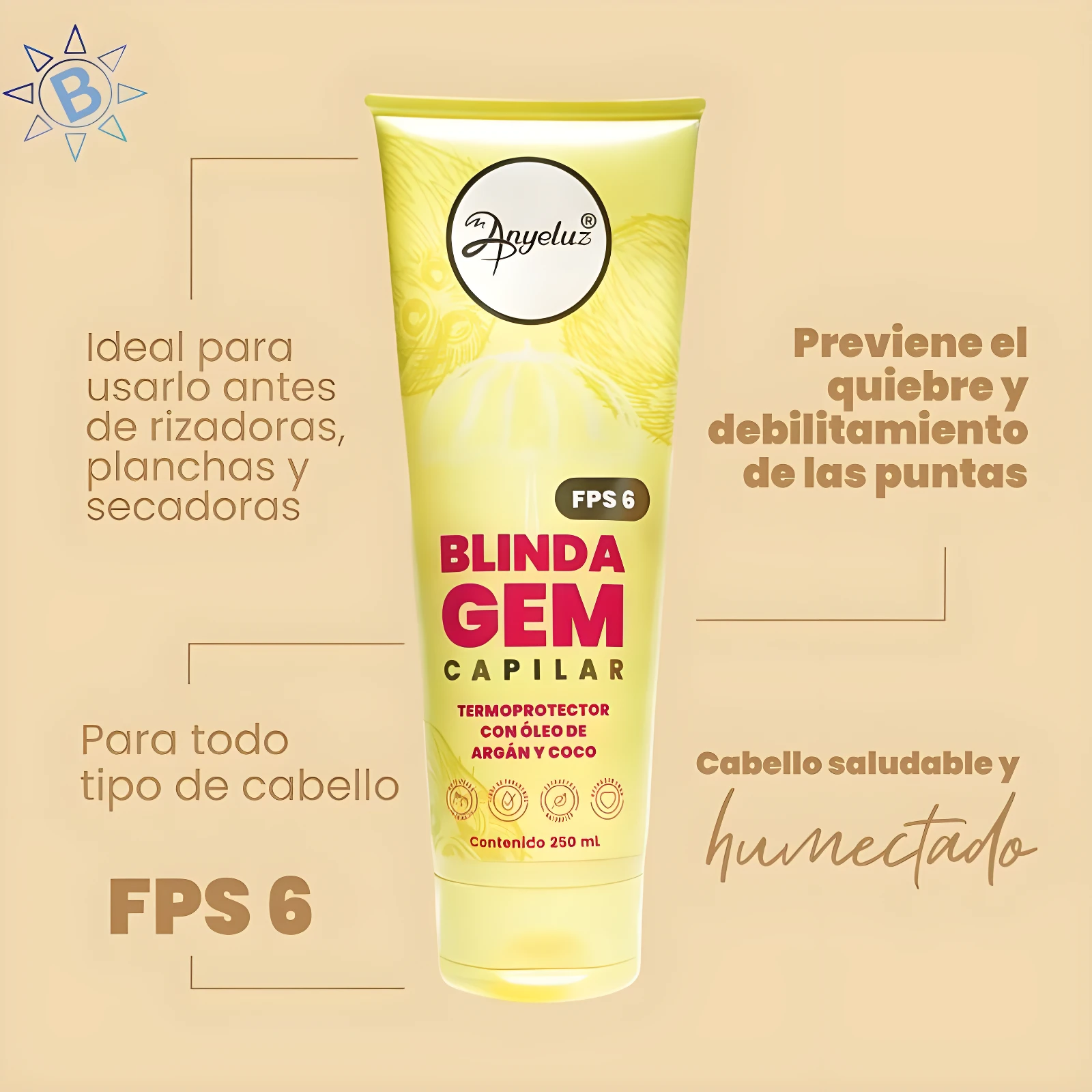 Protector térmico Blindagem Gem Anyeluz FPS 6 en envase amarillo, ideal para antes de herramientas de calor.