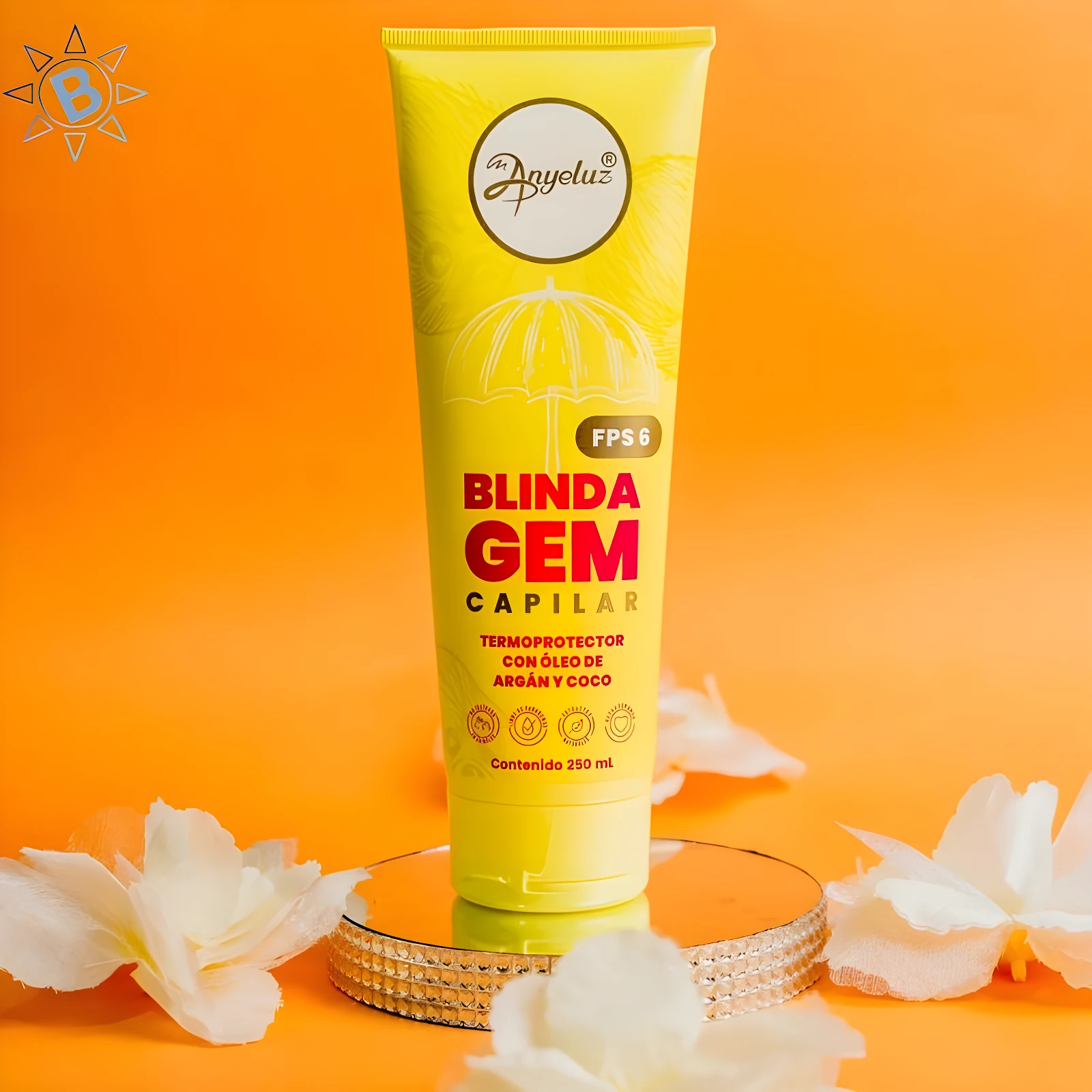 Tubo amarillo con "Blindagem Gem Capilar FPS 6 Termoprotector con Aceite de Argán y Coco" de Anyeluz.