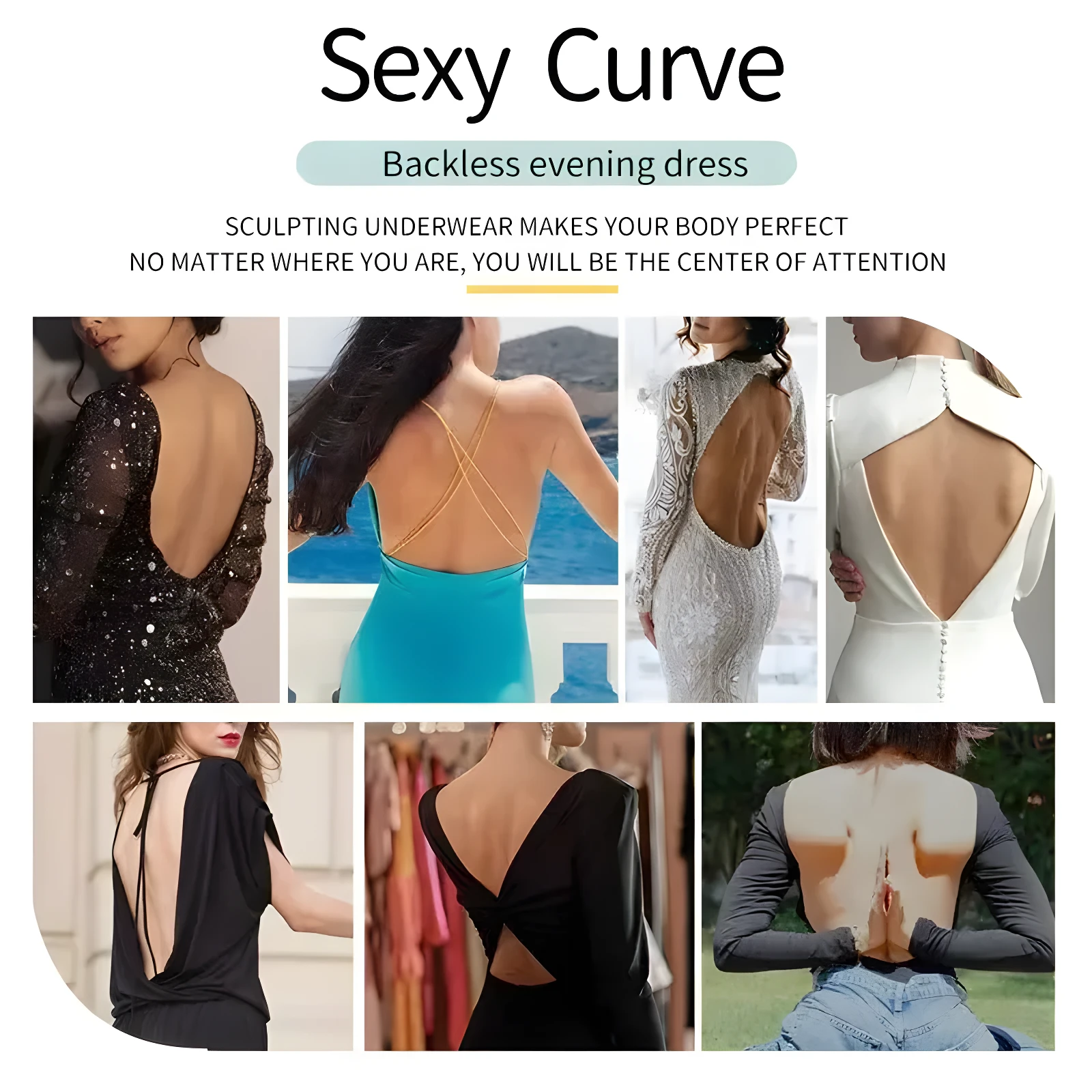 Mujeres en vestidos escotados resaltando la espalda, con texto "Sexy Curve".