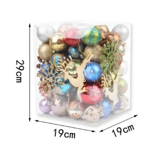 Caja de bolas navideñas plásticas de 19x19x29cm, surtido de colores y diseños festivos, con adornos de renos y copos de nieve.