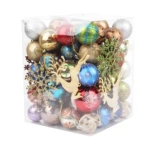 Bolas navideñas plásticas colgantes decorativas en caja transparente, surtido dorado, azul y plateado con renos y copos de nieve.