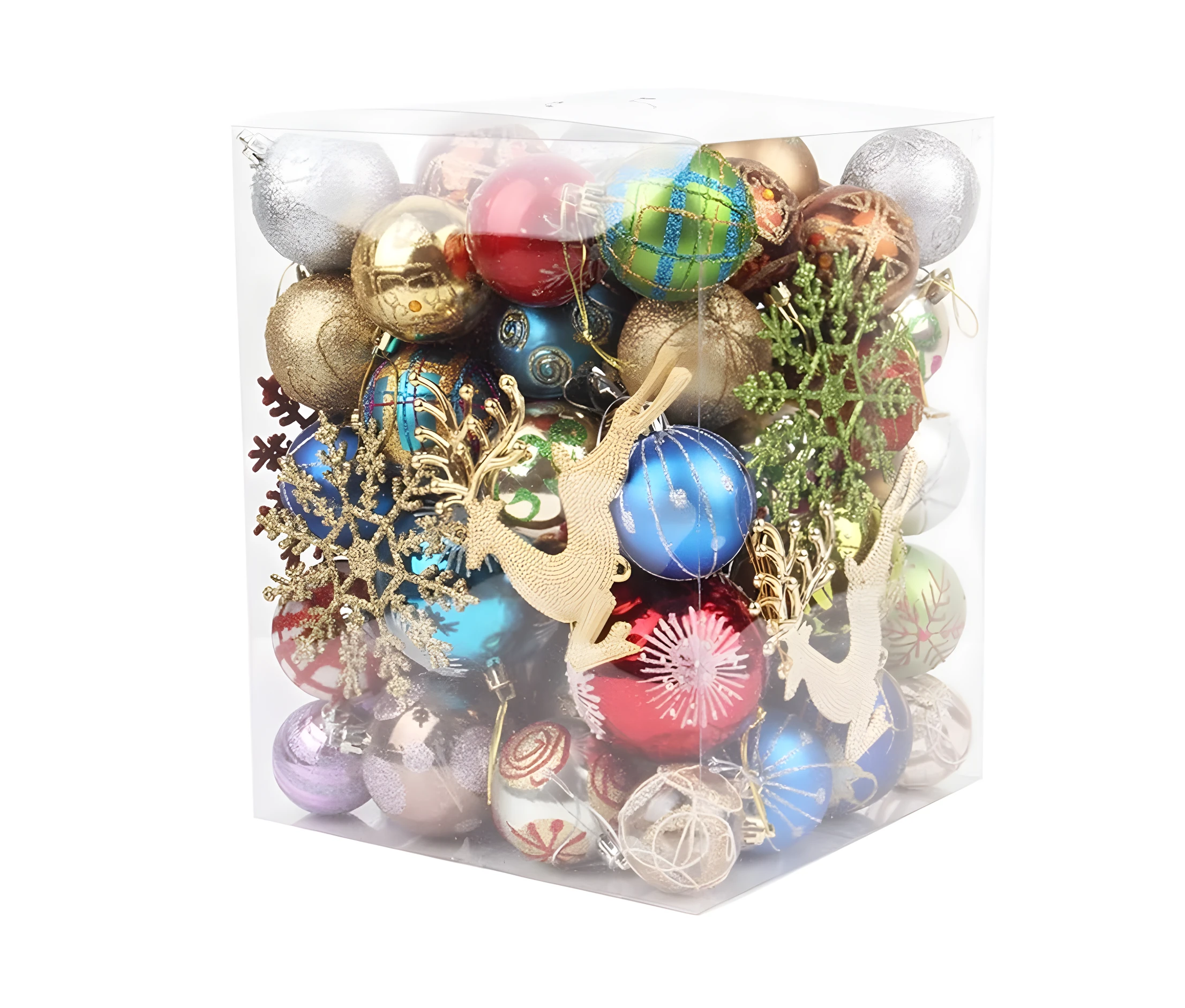 Bolas navideñas plásticas colgantes decorativas en caja transparente, surtido dorado, azul y plateado con renos y copos de nieve.