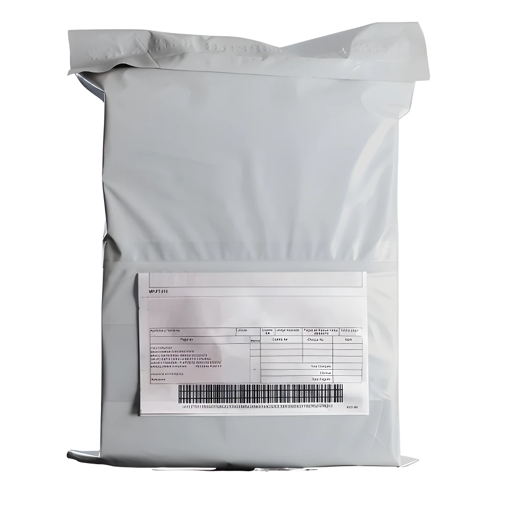 Bolsa e-commerce gris opaca 25x35cm para envíos, con etiqueta de envío impresa.