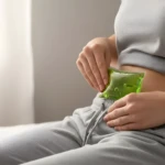 Mujer aplica compresa verde gel frío/caliente en abdomen.