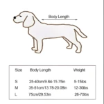 Tabla de tallas de bolsa secadora para perros S, M, L con medidas de cuerpo y peso.