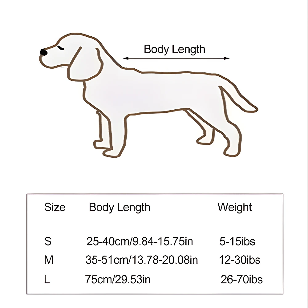 Tabla de tallas de bolsa secadora para perros S, M, L con medidas de cuerpo y peso.