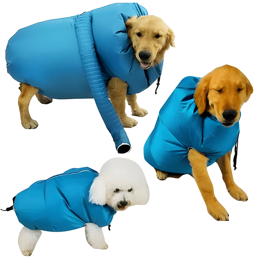 Bolsa secadora azul para perros, útil para secado rápido y sin salpicaduras, modelo térmico.