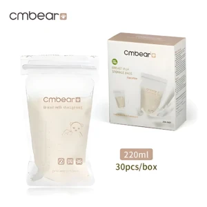 Bolsas de almacenamiento de leche materna Cmbear, 220ml, 30 unidades por caja, con diseño de oso y cierre hermético dual.