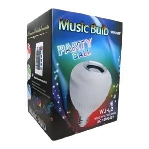 Caja de bombillo LED musical Bluetooth, color blanco, con altavoz y control remoto, ideal para fiestas.