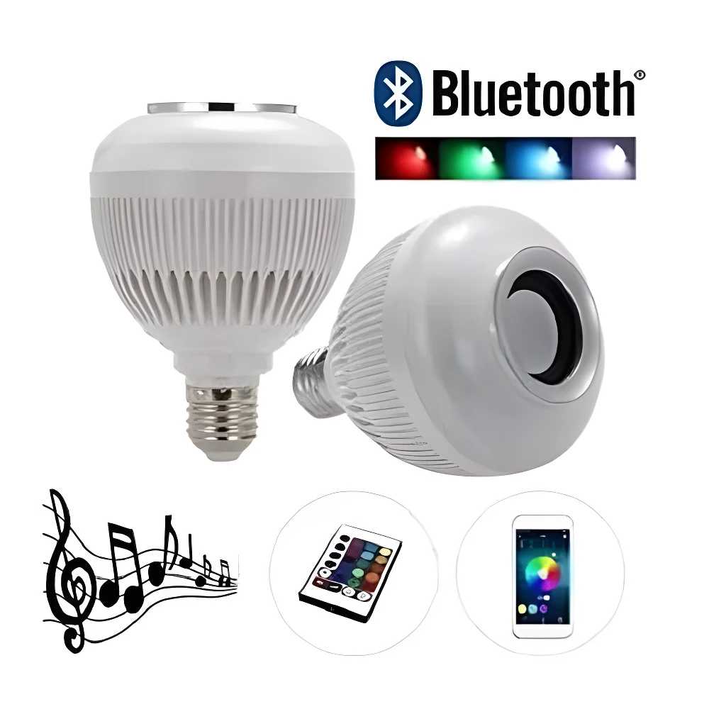 Bombillo LED musical con altavoz Bluetooth. Incluye control remoto y muestra música y app de smartphone para control de luces.