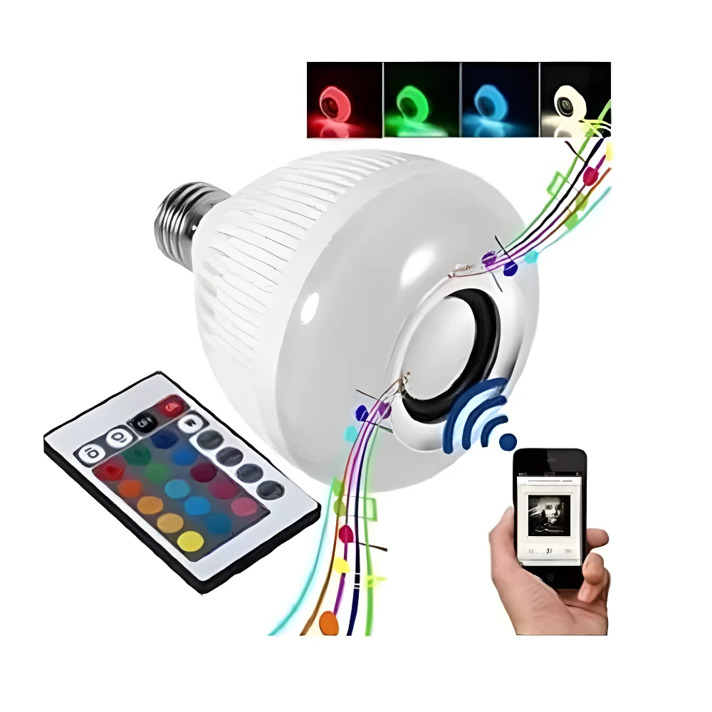 Bombillo LED musical con altavoz Bluetooth, control remoto y teléfono, muestra luces RGB y notas musicales.