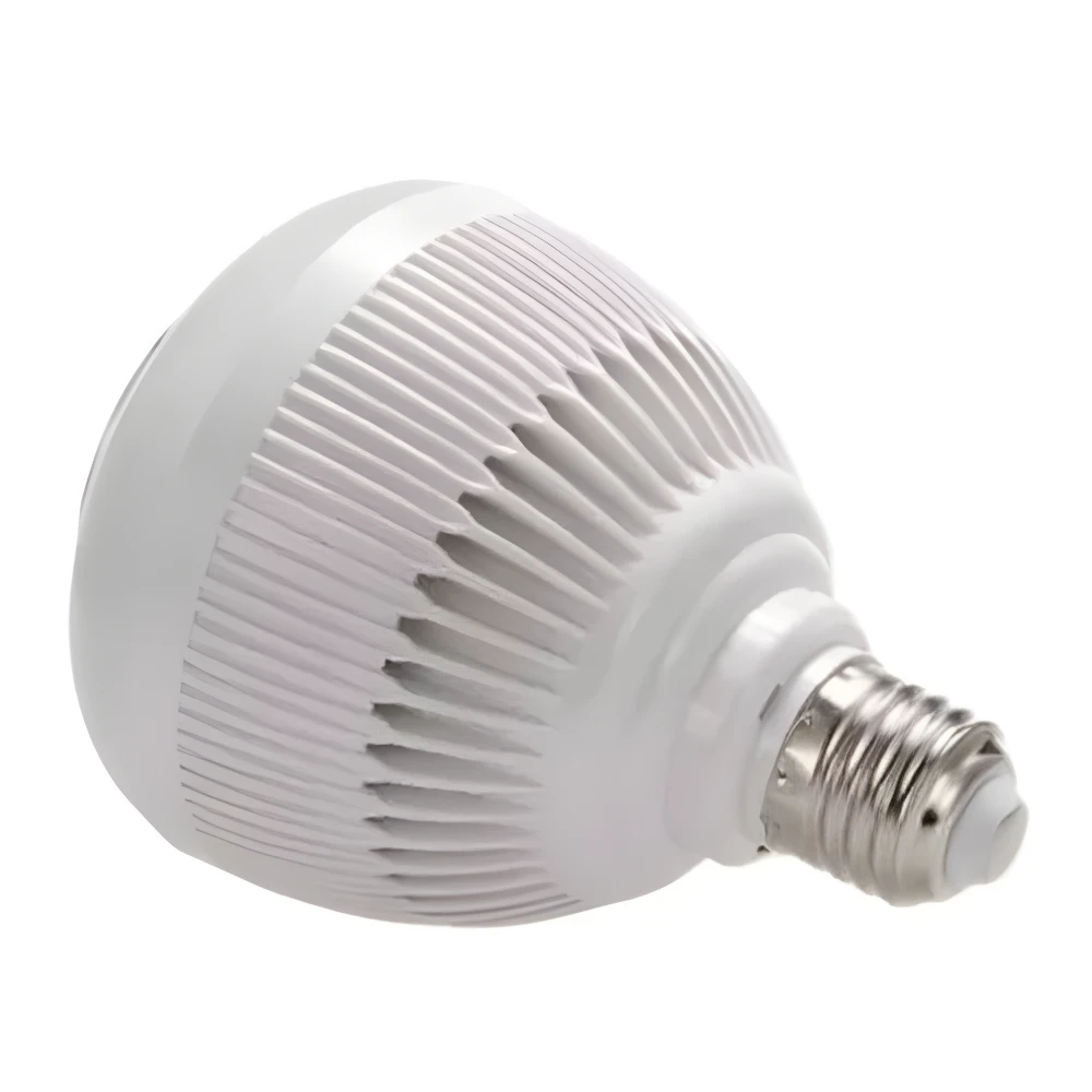 Bombillo LED blanco con disipador texturizado y base metálica, ideal para luz y sonido ambiental.