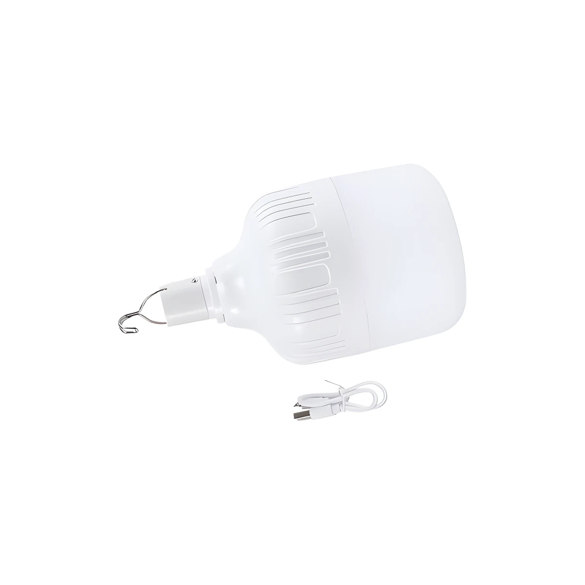 Bombillo LED recargable blanco con gancho metálico para colgar y cable USB.