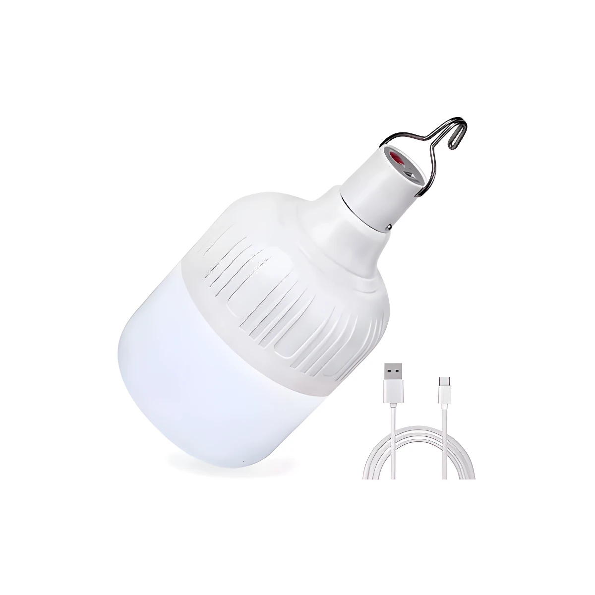 Bombillo LED recargable blanco con gancho para colgar y cable de carga USB-C en primer plano.