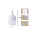 Bombillo LED recargable blanco de 16x9 cm con gancho y cable, ideal para colgar.