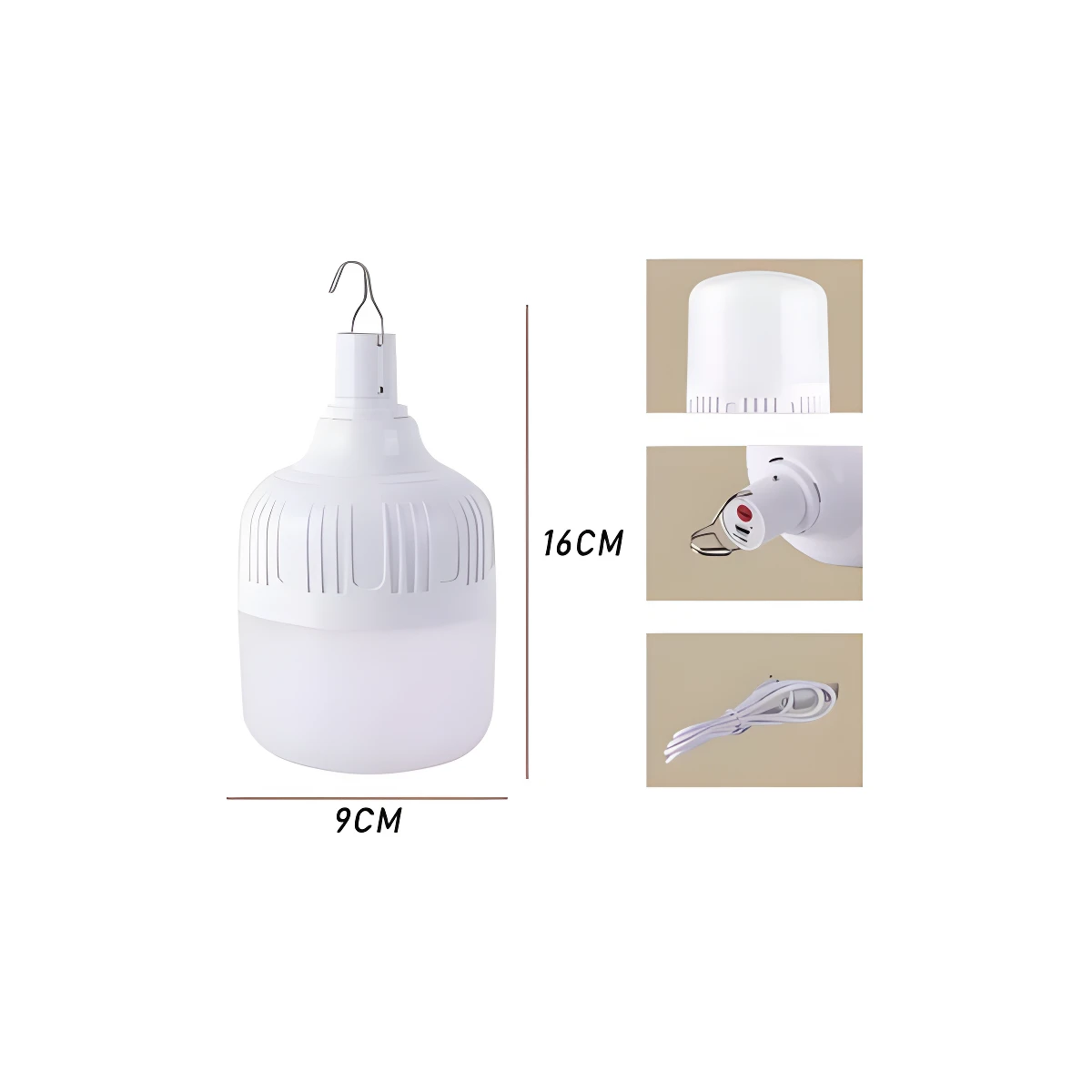 Bombillo LED recargable blanco de 16x9 cm con gancho y cable, ideal para colgar.