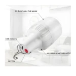 Bombillo led recargable blanco, con puerto USB para carga, gancho, botón ON/OFF y carcasa de aluminio con plástico.